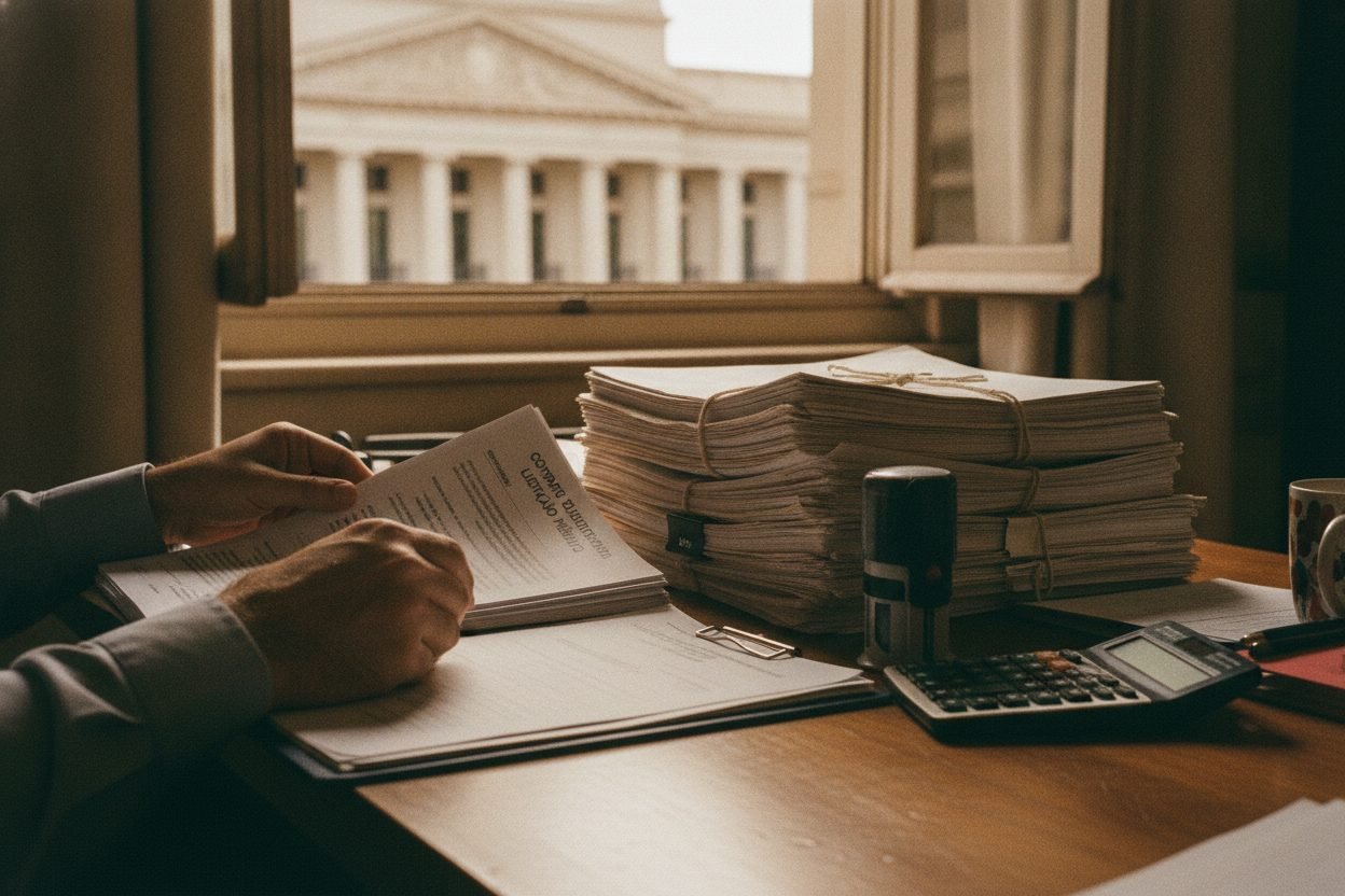 Processos, carimbo e prédio público ao fundo — defesa perante o Tribunal de Contas em João Pessoa