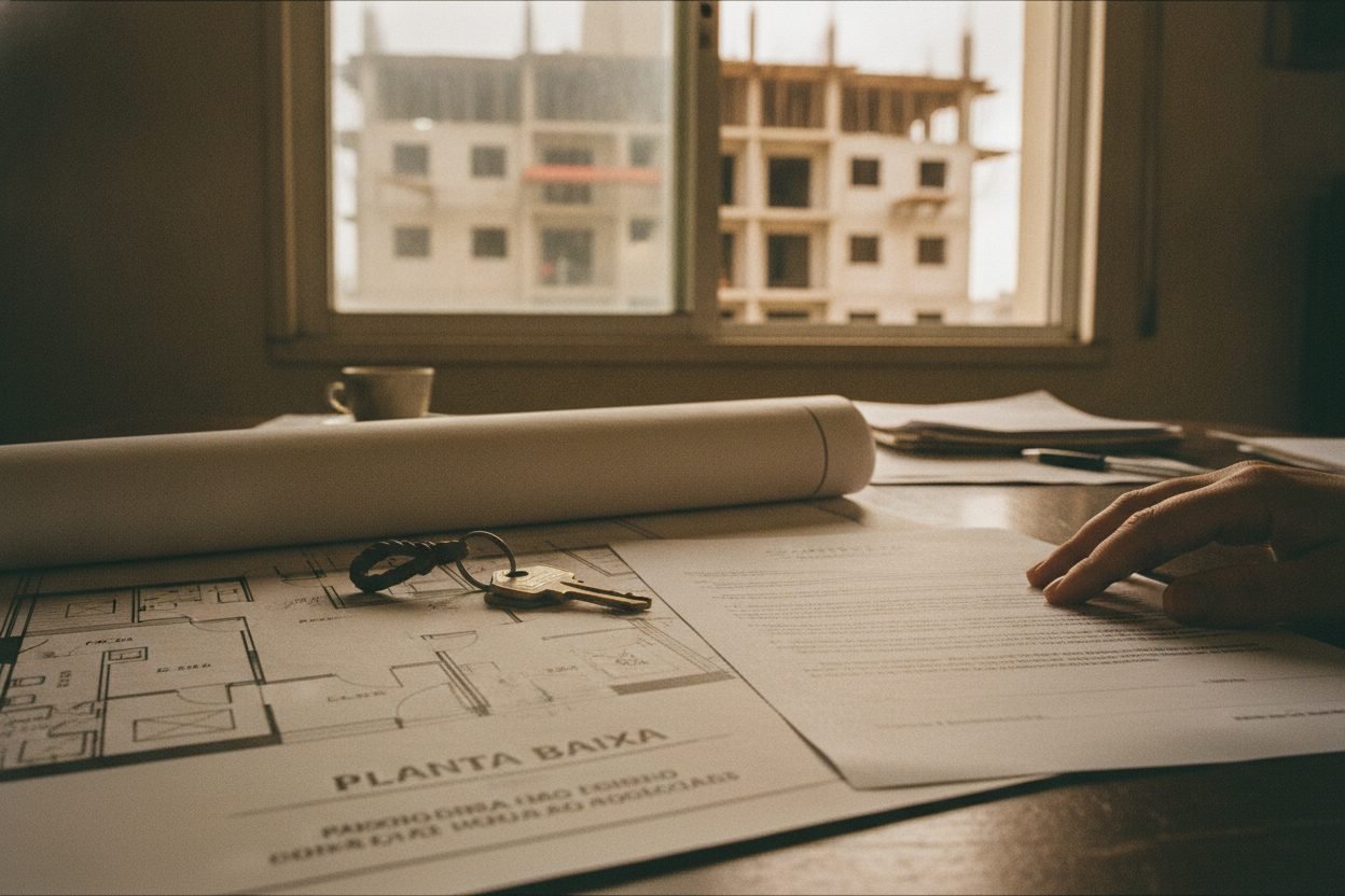 Planta baixa, chaves e contrato sobre a mesa com prédio em construção ao fundo — distrato imobiliário em João Pessoa